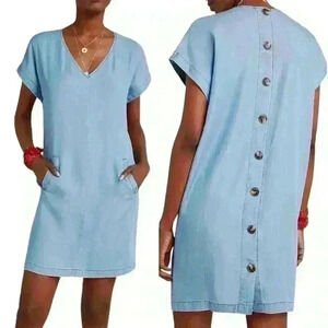 Anthropologie Darla Chambray Short  Button Back Blue Denim Dress Pockets size M